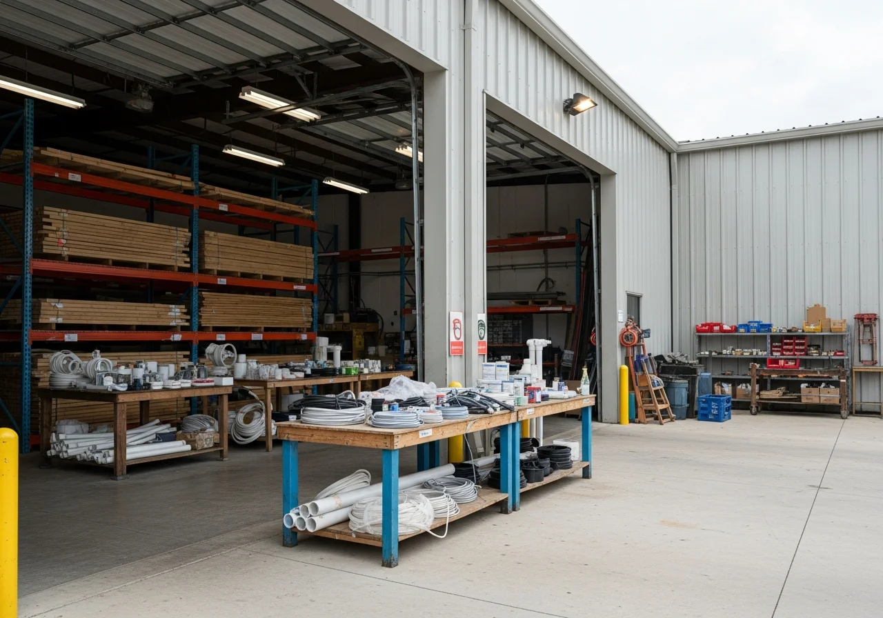 Construction crew and tools ready for residential remodeling work, showcasing professional equipment and materials.