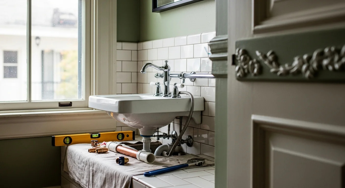 Plumber installing new fixtures in residential bathroom