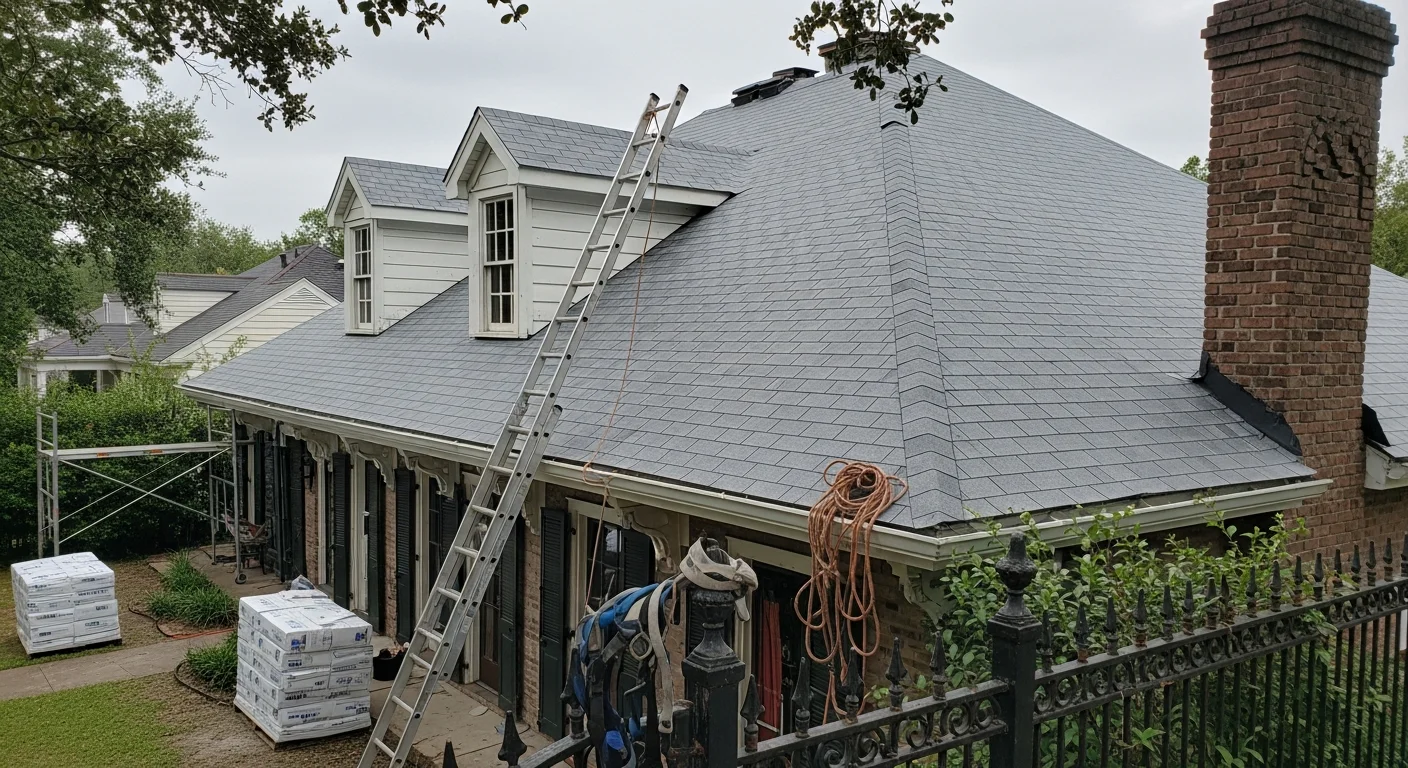 Roofing contractor installing new roof on residential home