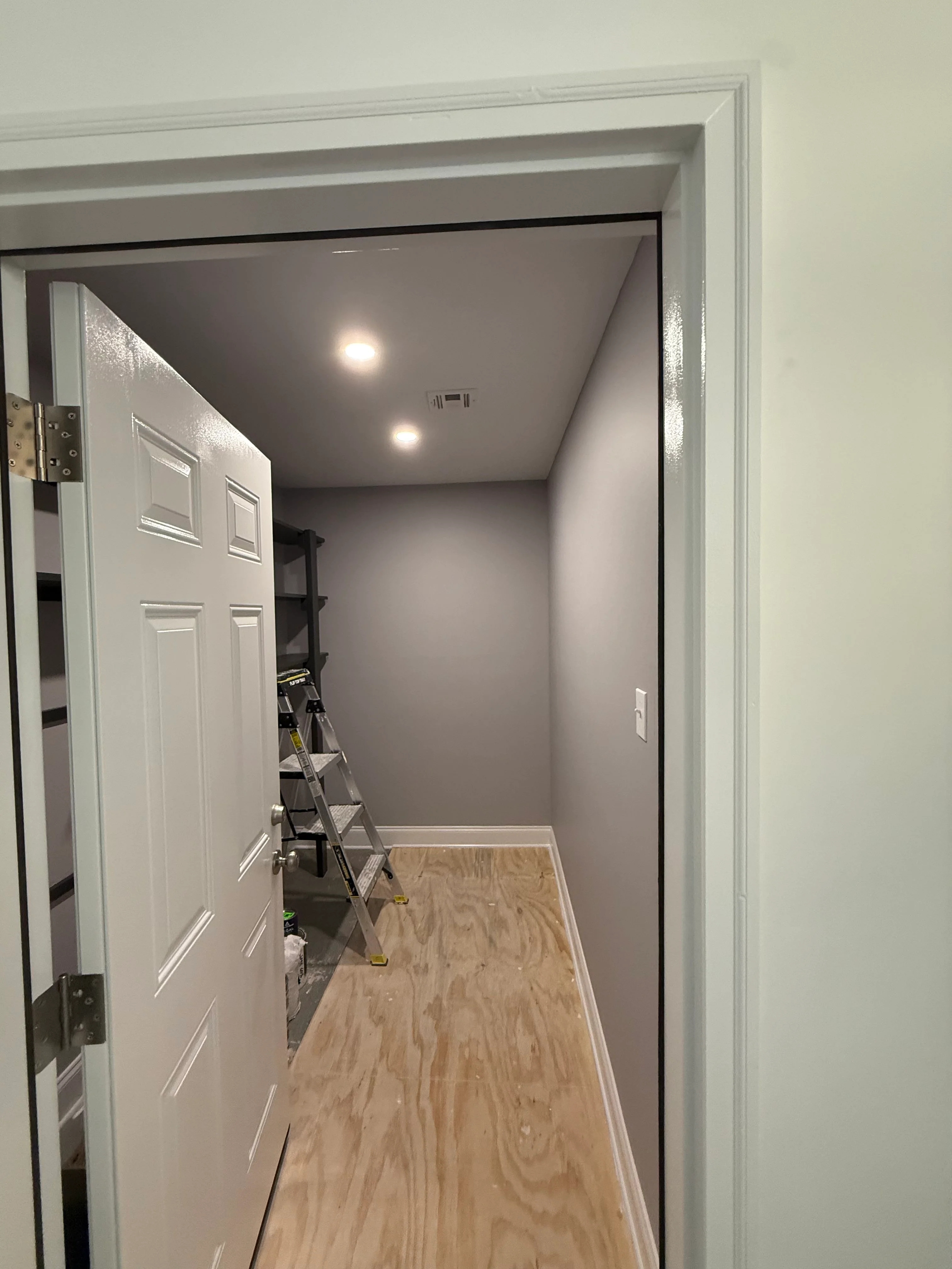 Newly renovated hallway with gray walls, recessed lighting, white doors, and vinyl plank flooring