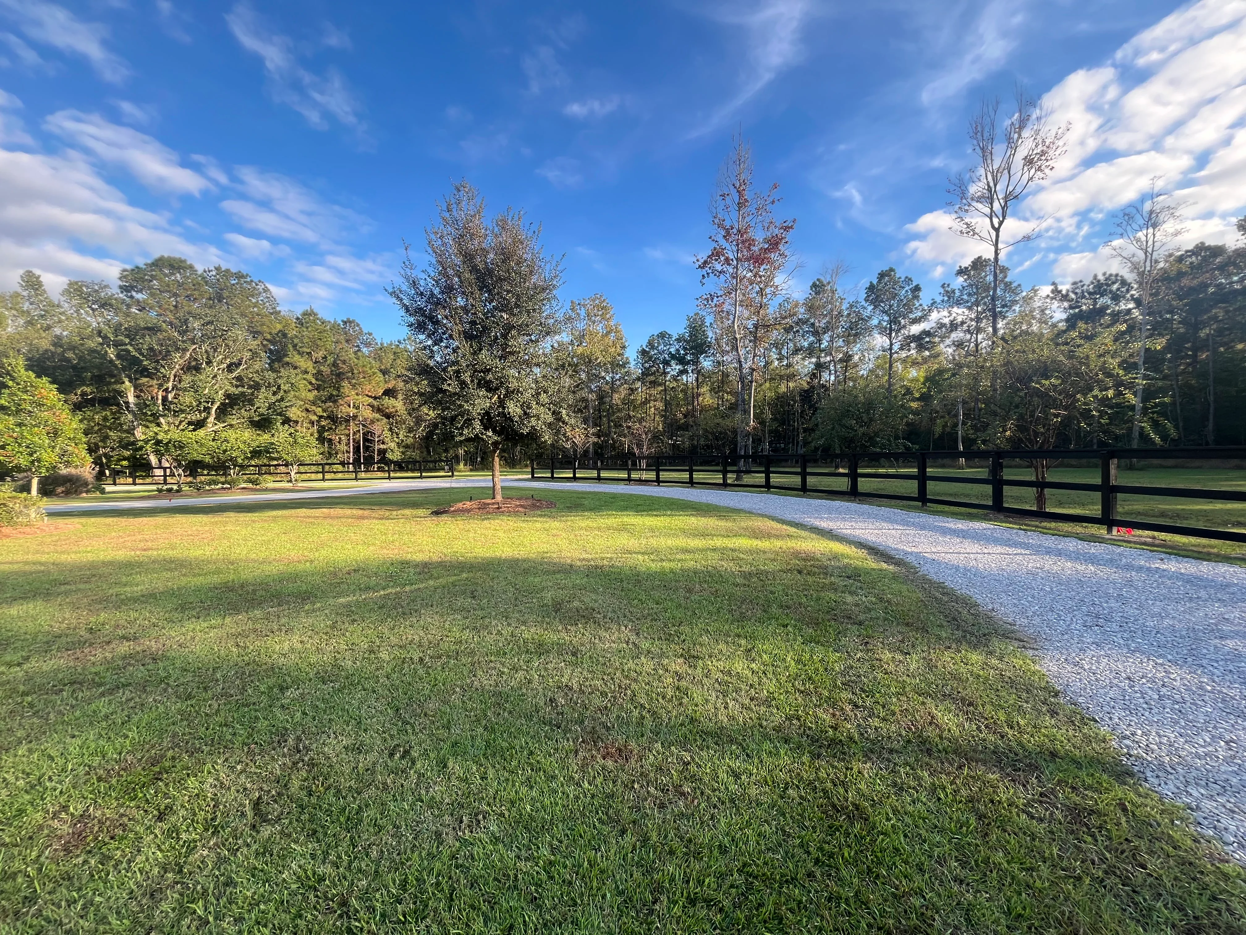 Newly installed gravel driveway with black fencing, landscaped grounds, and mature trees