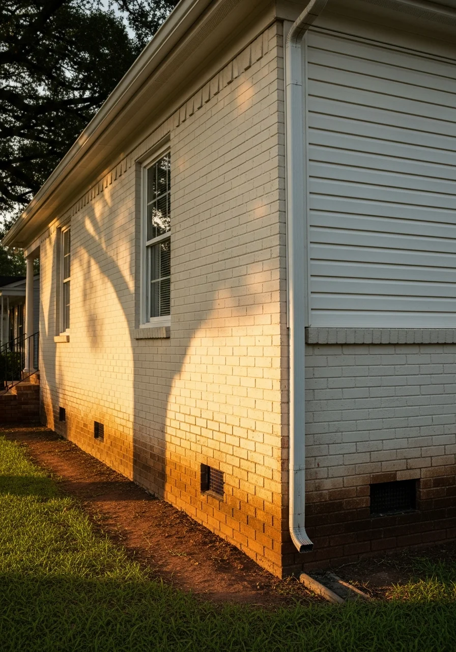 Close-up of Lakeview home exterior showing siding, drainage features, and foundation details.