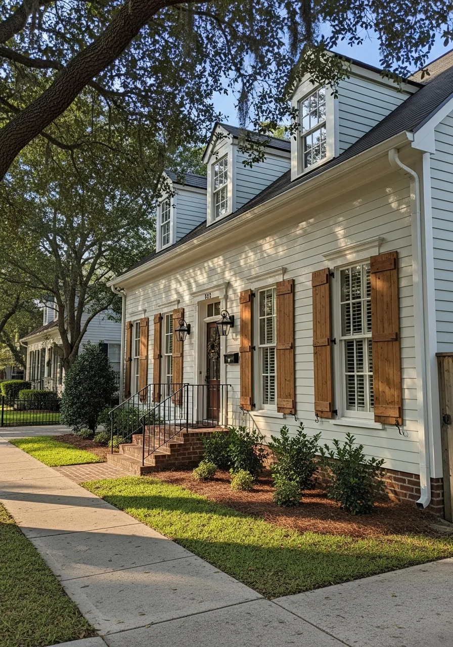 Mandeville property detail showing exterior finish, shutters, and landscaping.