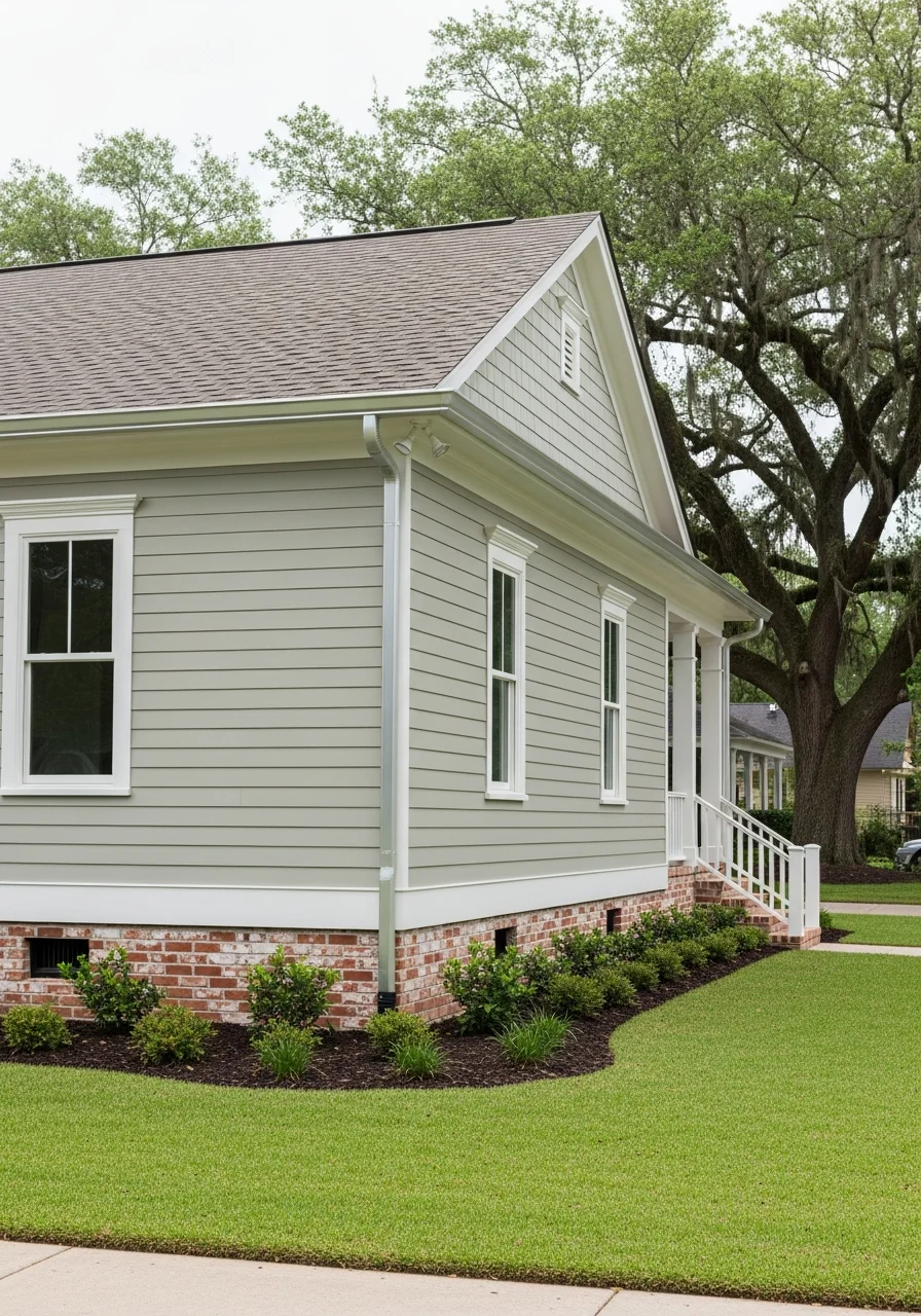 Exterior detail of a Metairie home showing siding, gutters, and foundation area.