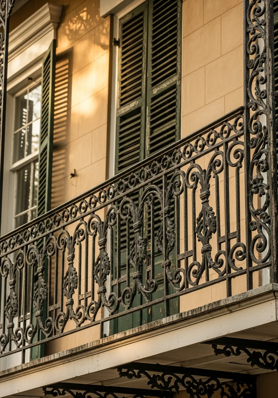 Close-up of ornate ironwork and shutters on a classic New Orleans residence.