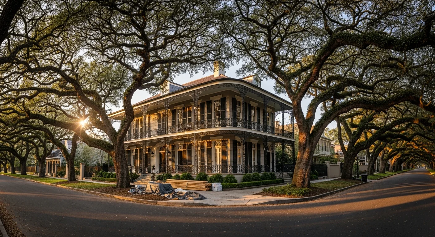 Historic New Orleans home with traditional architecture and mature oak trees lining the street.