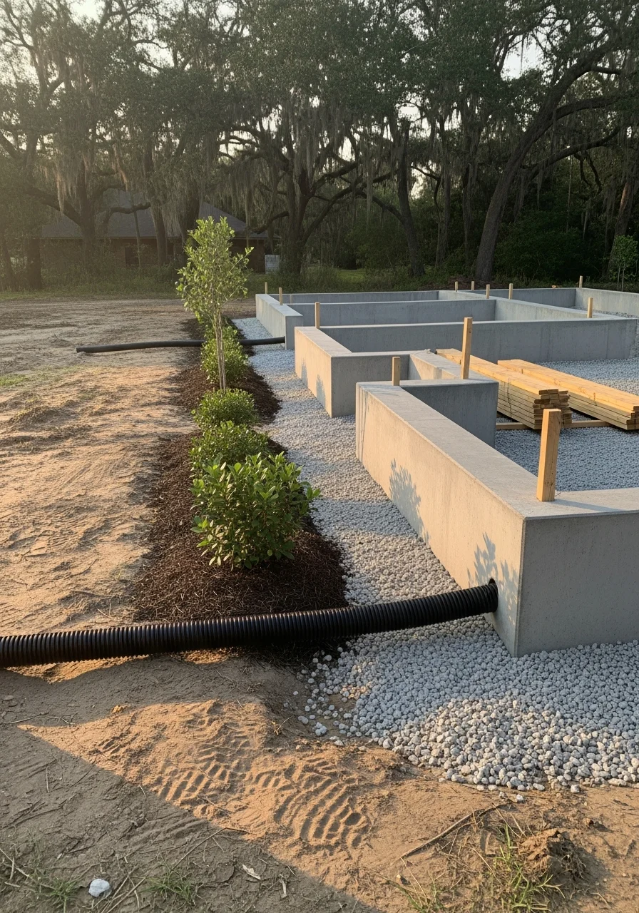 Exterior view of a St. Charles Parish home showing foundation and landscaping details.