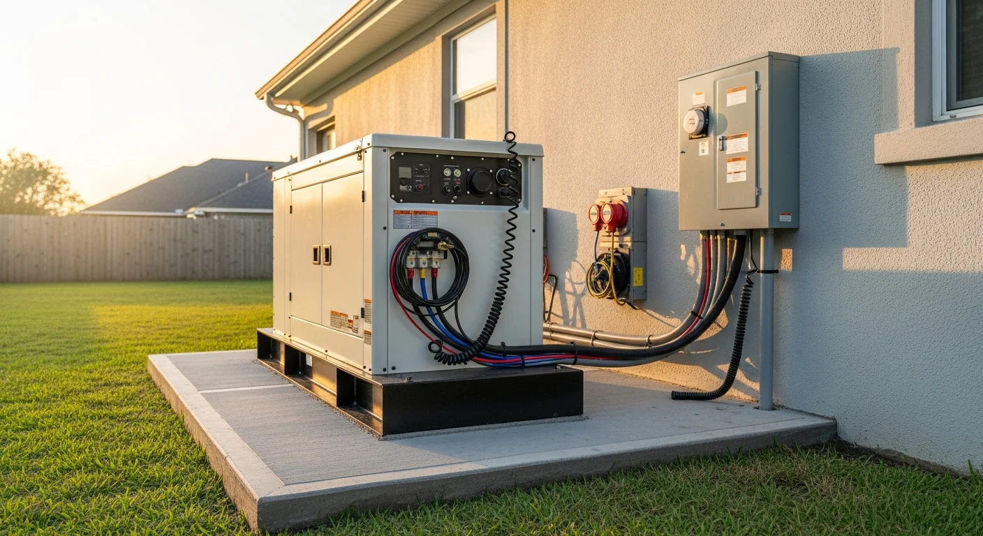 A permanently installed standby generator mounted on a concrete pad beside a residential home in New Orleans, Louisiana, with conduit running to the electrical panel and a transfer switch visible on the exterior wall.