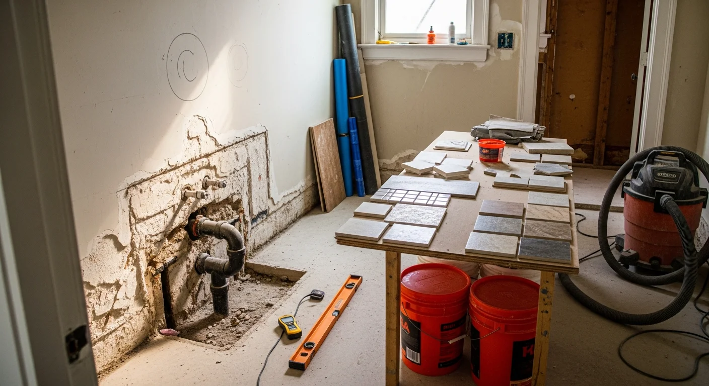 A remodeled bathroom in a New Orleans home with updated tile, a walk-in shower, and modern fixtures. The finished space shows clean waterproofed walls and a functional layout suited to the city's humid climate.
