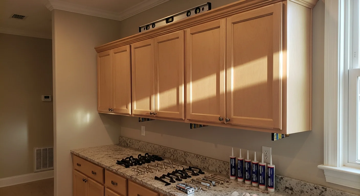 Newly installed kitchen cabinets in a New Orleans home, showing level upper and lower cabinet runs with aligned doors and hardware. The space reflects a finished renovation with clean seams and no visible gaps at the walls.