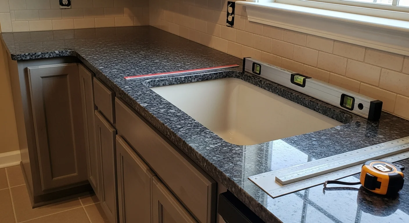 Freshly installed stone countertop in a New Orleans kitchen with a fitted sink cutout and clean edge profile. The surface sits flush against painted wood cabinetry in a renovated older home.