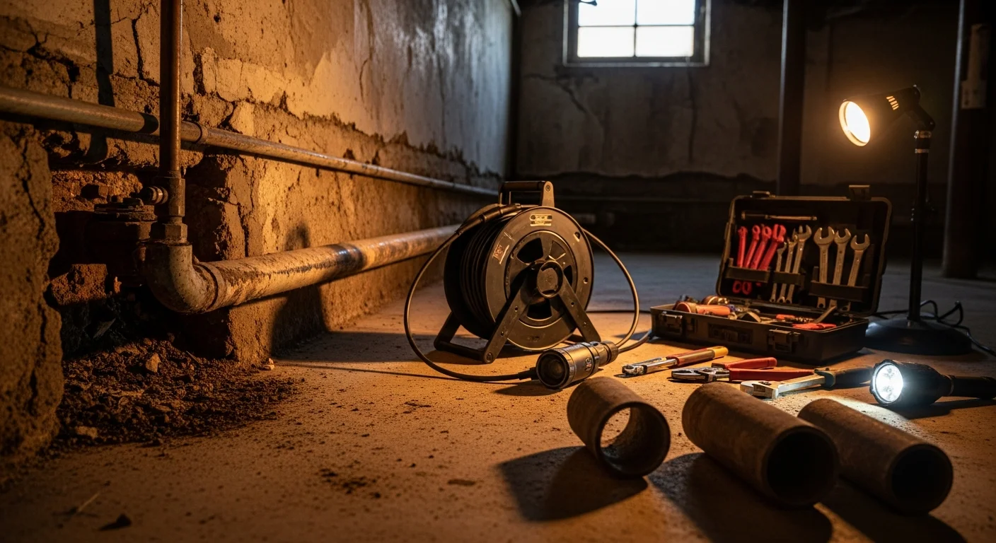 A plumber from Kern Construction LLC inspecting an exposed drain pipe beneath a raised New Orleans home, with corroded cast iron pipe sections visible. Camera inspection equipment is positioned at the pipe opening to locate a crack in the drain line.