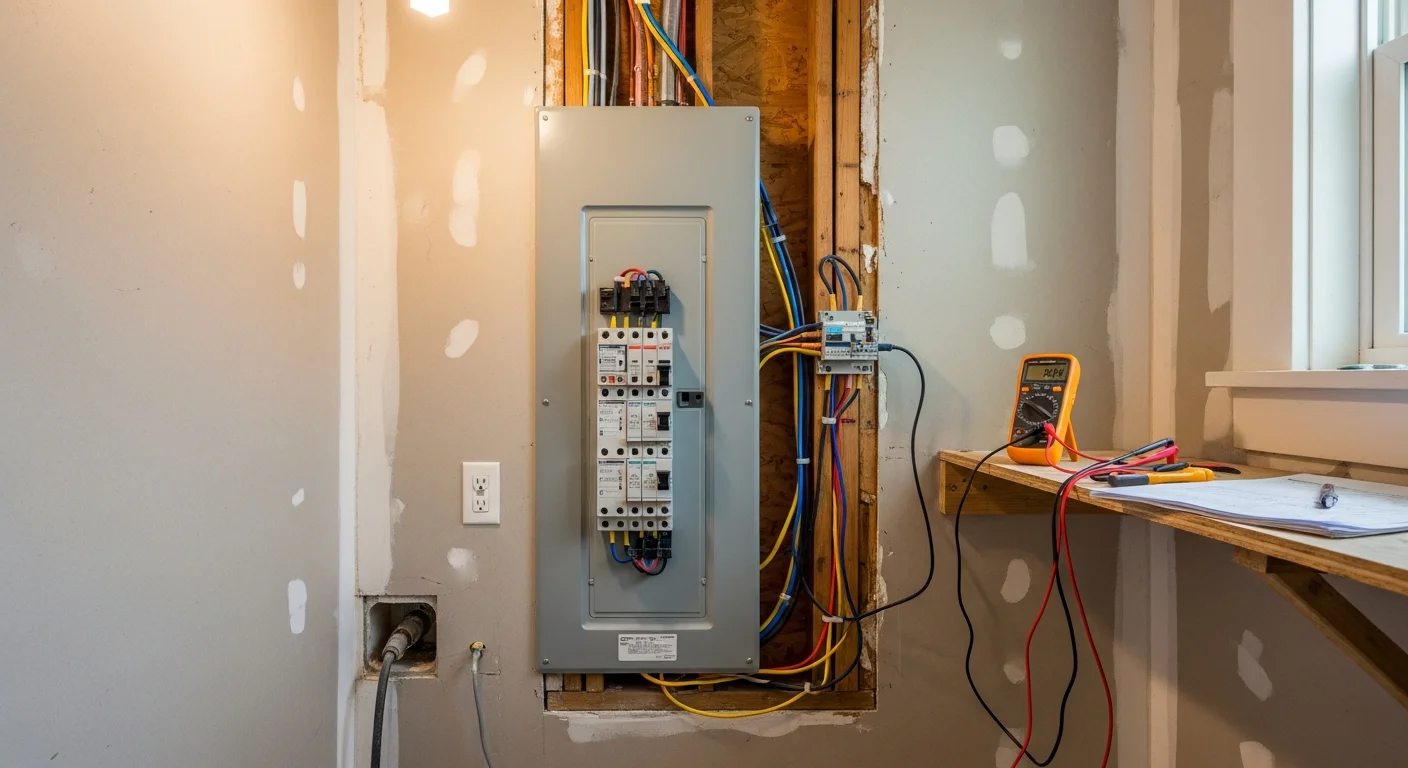 A licensed electrician installs a new residential electrical panel inside a New Orleans home, with neatly organized circuit breakers and labeled wiring visible in the open panel box. The updated service replaces an older undersized unit in a home typical of the greater New Orleans area.