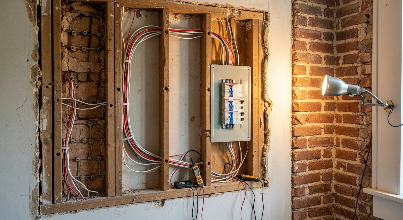 A licensed electrician from J Kern Construction LLC running new copper wiring through the wall cavity of an older New Orleans home during a residential rewiring project. Exposed wall framing shows new circuit wiring being routed to a breaker panel in a shotgun-style house.