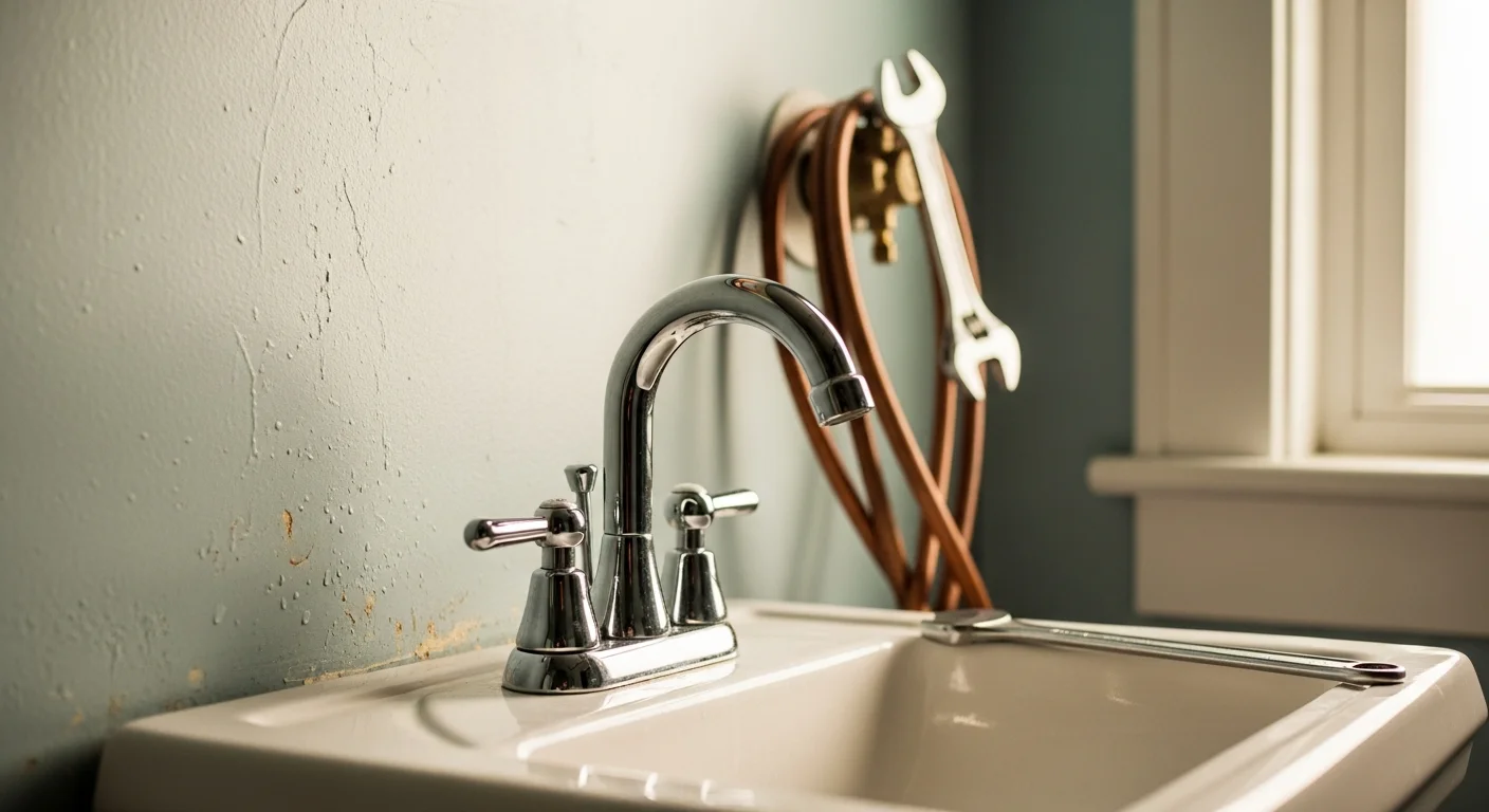 A licensed plumber installing a new bathroom sink fixture inside a New Orleans home with older exposed supply lines visible beneath the vanity. The finished fixture is fully seated with clean supply connections and a tested drain.