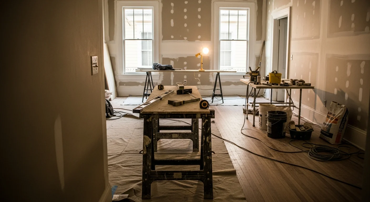Renovated interior of a New Orleans home showing an updated open kitchen with new flooring and modern cabinetry. The space reflects the narrow layout typical of older New Orleans residential construction.