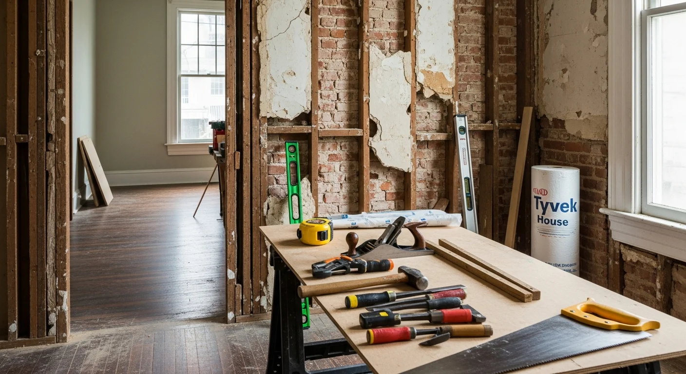 A renovated interior of a New Orleans wood-frame home showing updated flooring, fresh walls, and an open living area after general contractor work by Kern Construction LLC. The space reflects a clean, finished renovation suited to the city's older residential building stock.