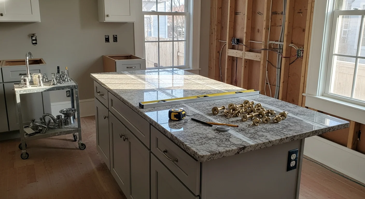 A newly installed kitchen island with a wood-tone base and light countertop inside a renovated New Orleans home kitchen. The island includes lower cabinet storage and sits centered in the room with clear walkway space on all sides.