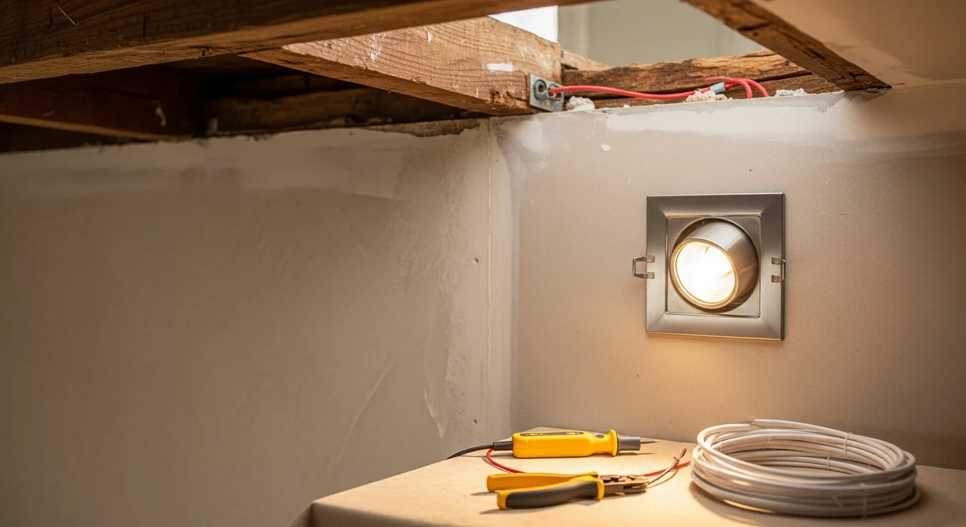 A licensed electrician from J Kern Construction LLC installing a ceiling light fixture inside a New Orleans home with visible older wood-framed construction. The completed fixture is mounted flush to the ceiling with clean wiring connections in a residential living space.