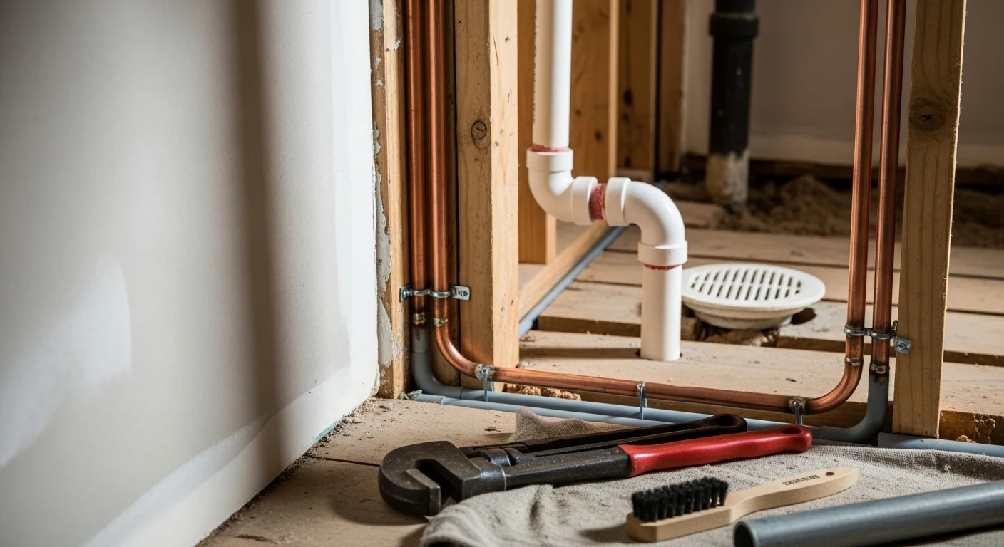 A plumber installing new supply and drain lines inside a raised New Orleans home during a bathroom remodel. Exposed wall framing shows fresh pipe routing replacing older cast iron lines.