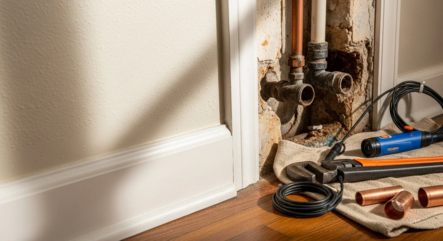 A plumber repairing a corroded pipe connection beneath a sink in an older New Orleans home. Exposed cast iron drain lines and aged supply fittings are visible in the cabinet below.