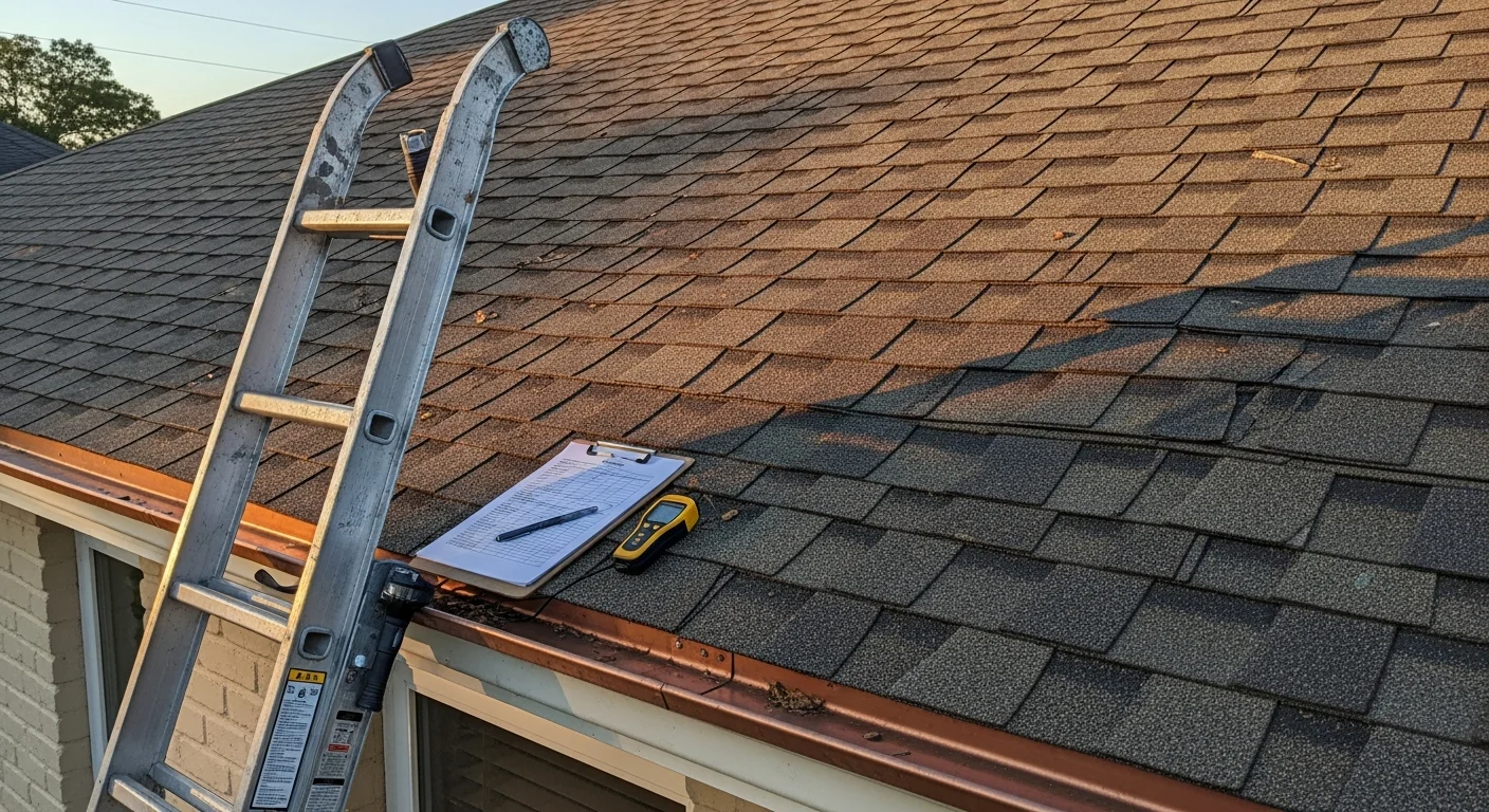 A Kern Construction LLC roofer inspecting shingles and flashing on a residential roof in New Orleans after storm season. Close-up view shows the inspector documenting wear and potential water intrusion points on a pitched roof.