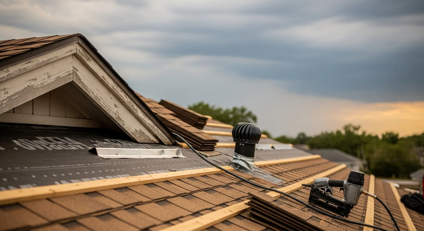 A newly installed residential roof on a New Orleans home, showing clean shingle lines, finished ridge cap, and properly seated flashing along the roofline. The surrounding neighborhood reflects the dense, mature-tree streetscape typical of older New Orleans residential areas.