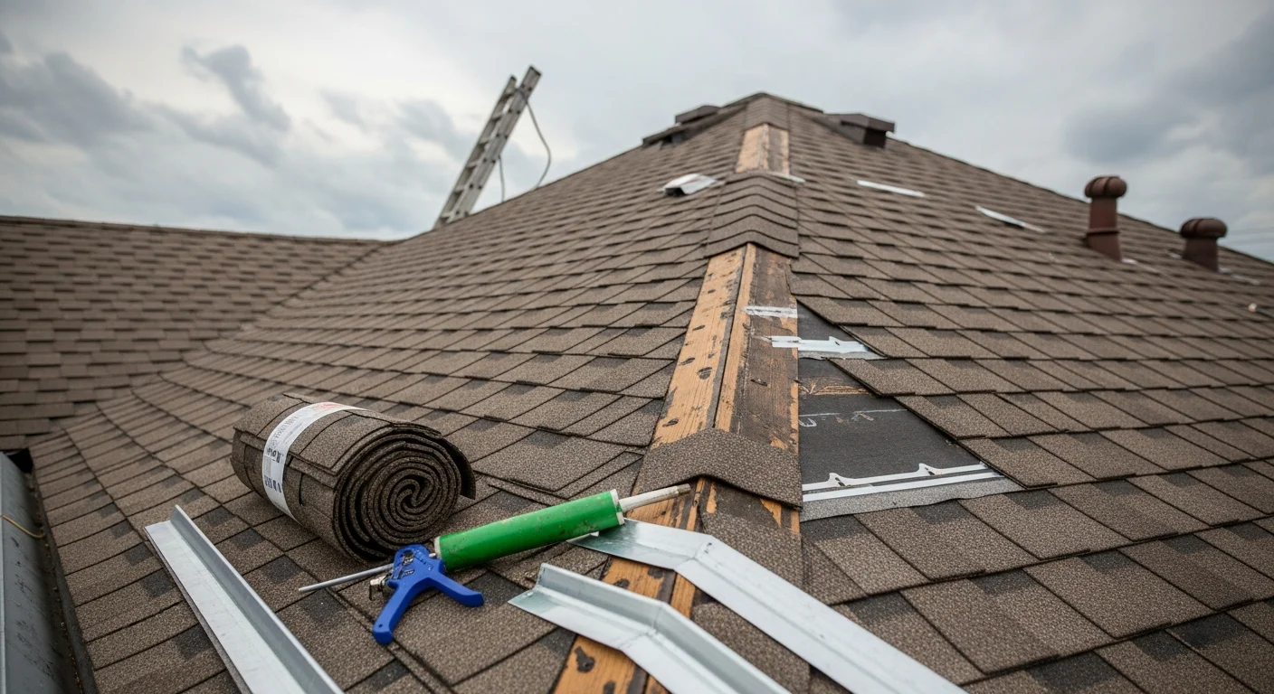 A New Orleans roofing crew from Kern Construction LLC replacing damaged shingles on a residential home with a steep-pitched roof typical of the city's older housing stock. The repair work is visible along the ridge and valley lines under a clear Louisiana sky.