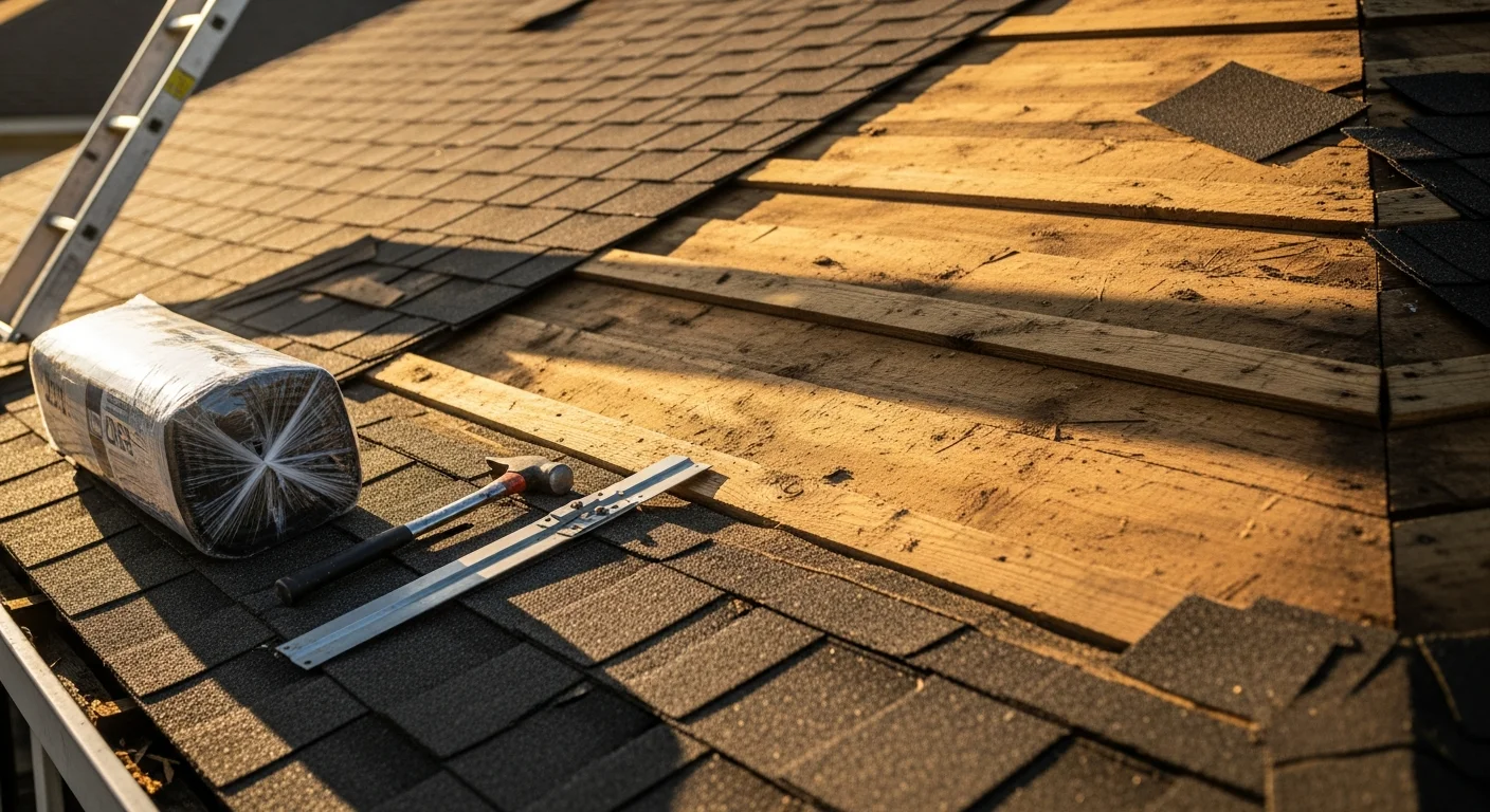 A completed roof replacement on a New Orleans residential home showing new architectural shingles installed over a freshly inspected wood deck. The finished roof sits above a traditional single-story home typical of the greater New Orleans area.