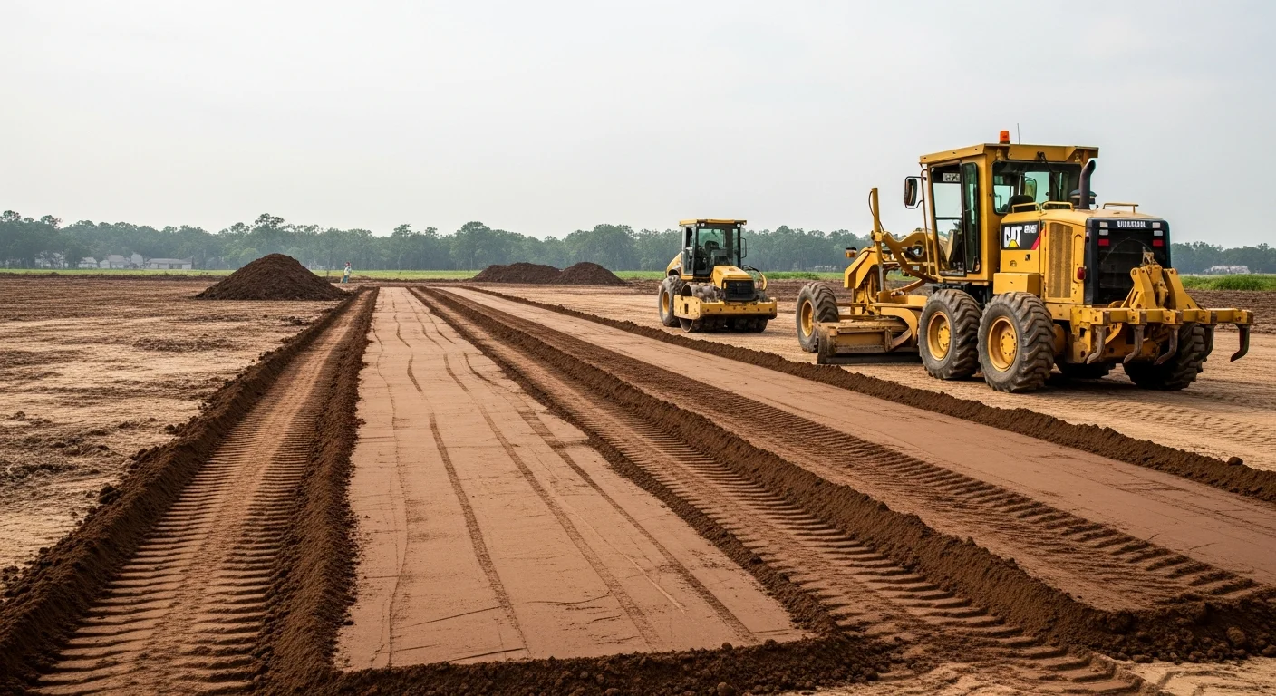 A graded and compacted construction lot in New Orleans with cleared ground and visible drainage slope ready for foundation work. A general contractor crew operates equipment on the leveled site under a partly cloudy Louisiana sky.