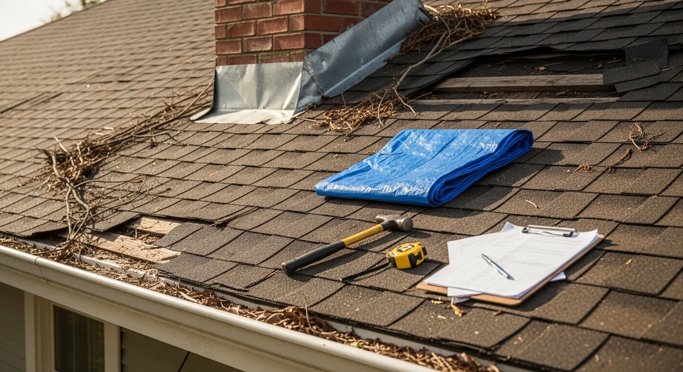 A New Orleans residential roof with missing shingles and exposed decking following hurricane wind damage, with a roofing crew from Kern Construction LLC conducting a post-storm inspection. Close-up view shows lifted flashing and granule loss along the roof edge typical of Gulf Coast storm damage.