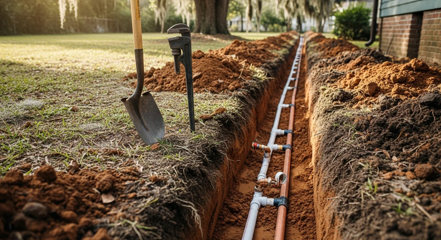 A plumber from Kern Construction LLC inspecting a newly installed water line in a residential yard in New Orleans. The exposed trench shows fresh pipe running alongside the home's foundation in soft, dark Louisiana soil.