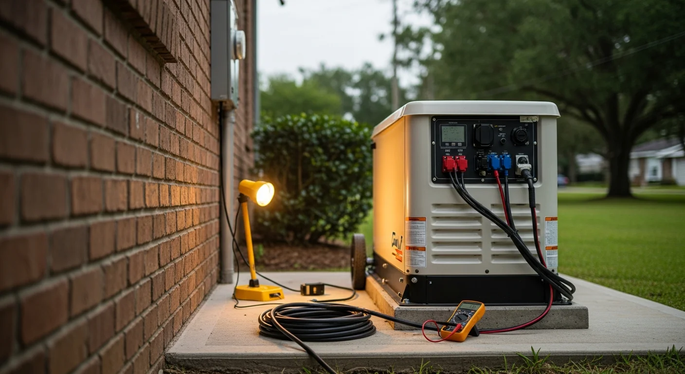 A licensed electrician from J Kern Construction LLC completing the electrical panel connection for a whole home standby generator installed on the exterior of a New Orleans residential property. The generator unit sits on a concrete pad beside the home with conduit and wiring routed to the main electrical panel.